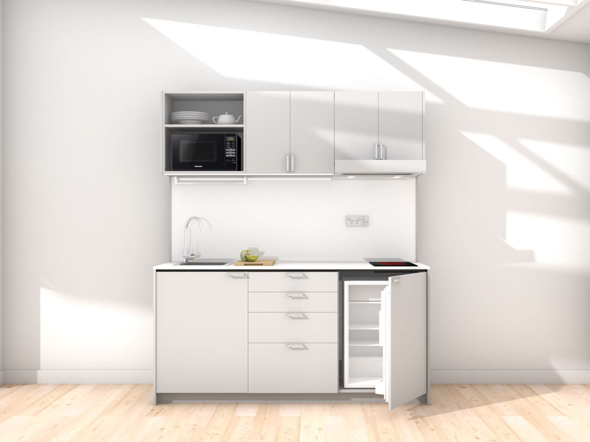 Amsterdam - 1.8m Regular Wall Unit Kitchenette. Displayed with 'Frost Grey' Cabinetry, White Benchtop, and Sheer Bliss White Splashback