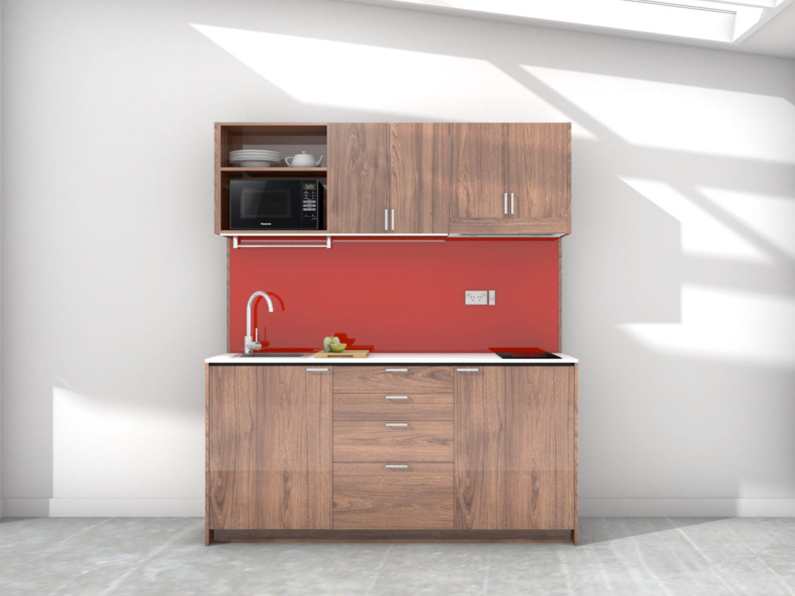 Amsterdam - 1.8m Regular Wall Unit Kitchenette. Displayed with 'Hickory Walnut' Cabinetry, White Benchtop, and 'Stiletto' Splashback