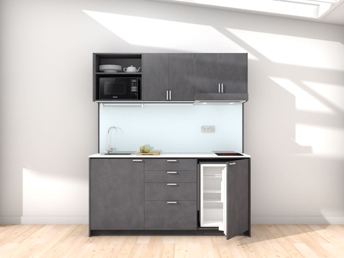 Amsterdam - 1.8m Regular Wall Unit Kitchenette. Displayed with 'Slate' Cabinetry, White Benchtop, and Sheer Bliss White Splashback.