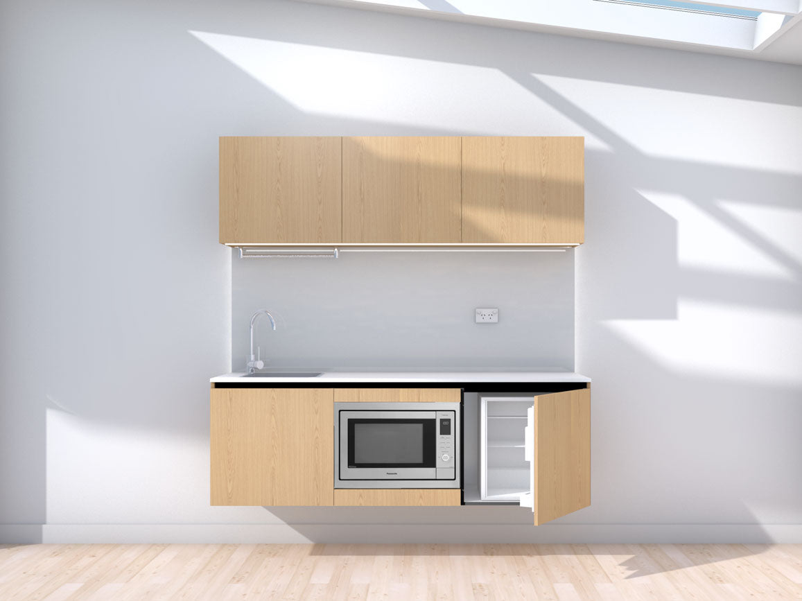 Apollo - 1.8m Floating Prefabricated Kitchenette - oak and grey - with appliances