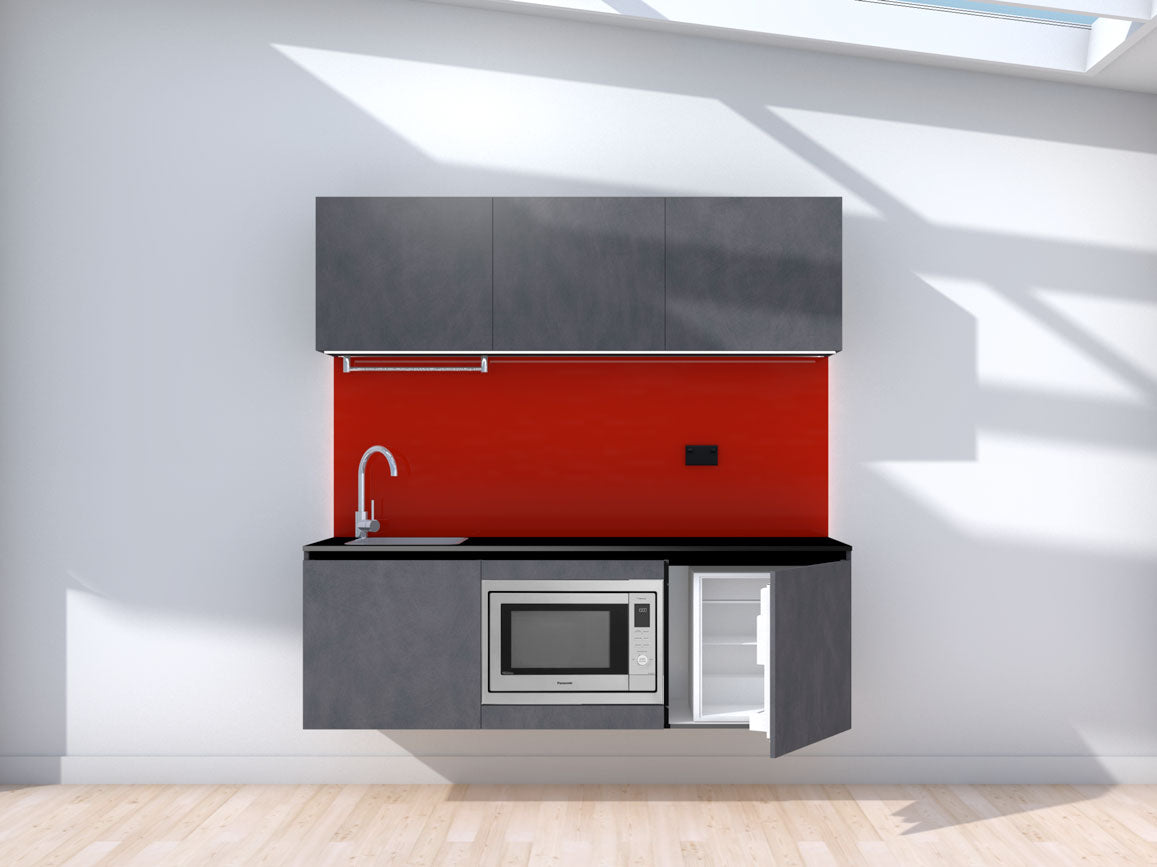 Apollo - 1.8m Floating Prefabricated Kitchenette - slate and red - with appliances