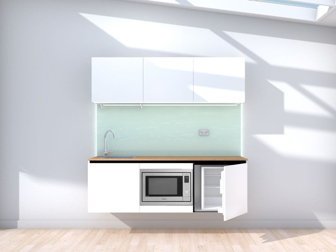 Apollo - 1.8m Floating Prefabricated Kitchenette - white and mint - with appliances