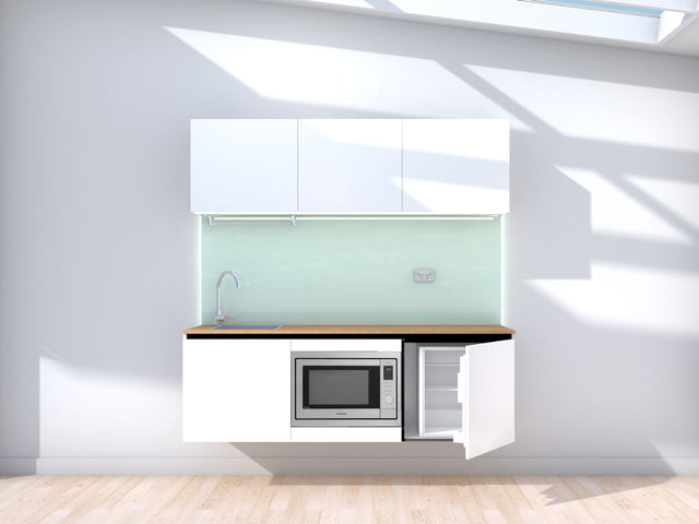 Apollo - 1.8m Floating Prefabricated Kitchenette - white and mint - with appliances
