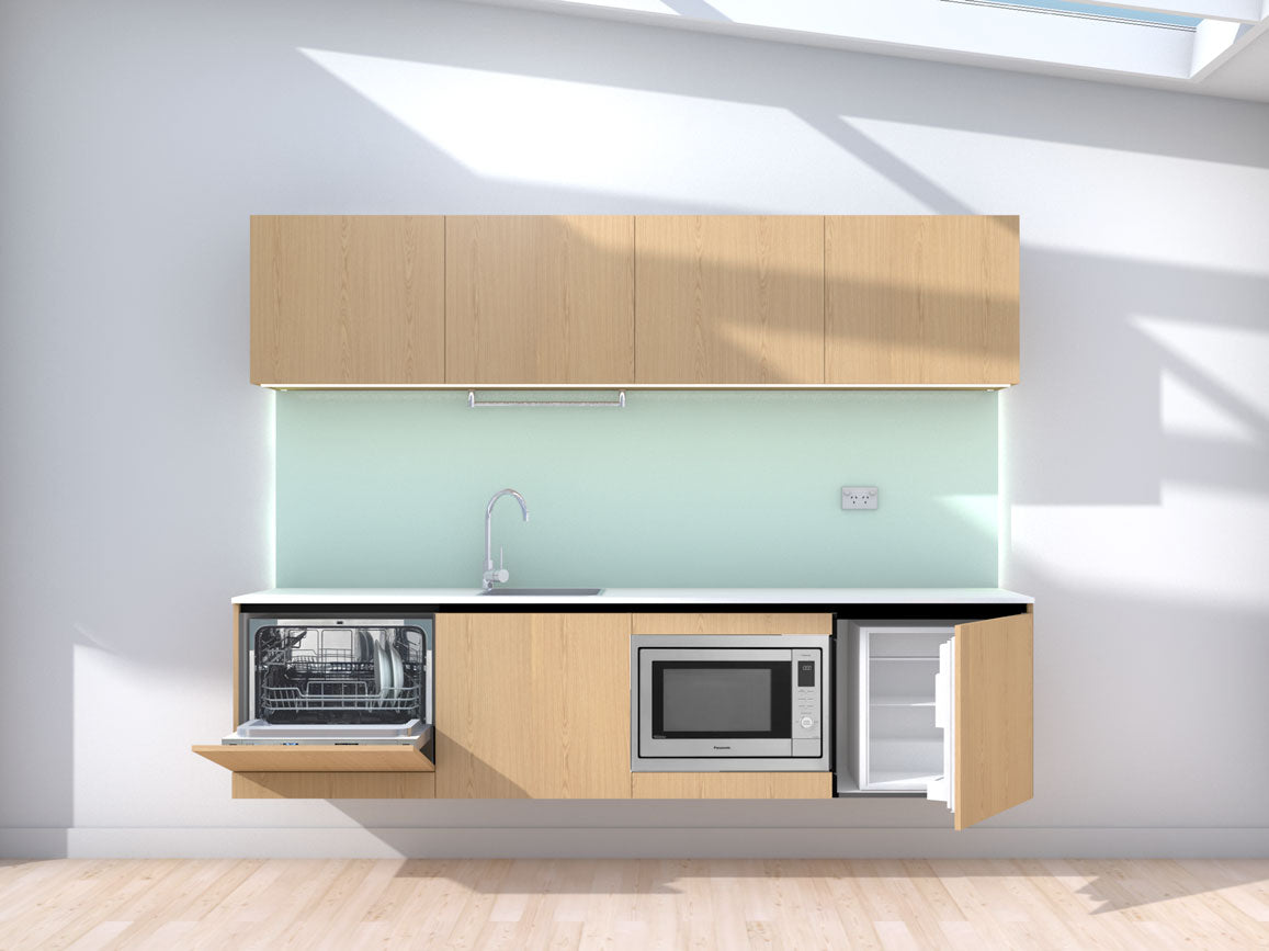 Ascent - 2.4m Floating Prefabricated Kitchenette - oak and mint - with appliances