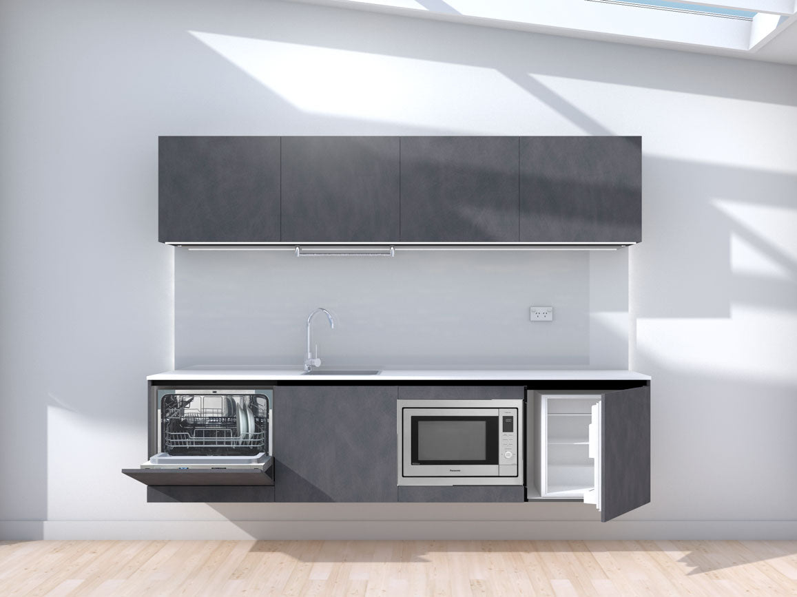 Ascent - 2.4m Floating Prefabricated Kitchenette - slate and grey - with appliances