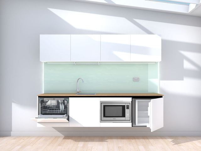 Ascent - 2.4m Floating Prefabricated Kitchenette - white and mint - with appliances