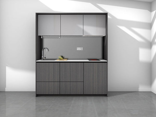 Stockholm - 1.8m Regular Wall Unit Kitchenette. Displayed with 'Charred Oak and Lite Aluminium' Cabinetry, 'Style White' Benchtop, and 'Grey' Splashback