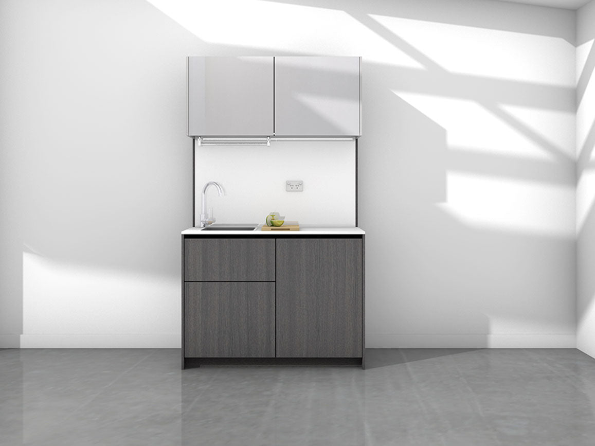 Erica - 1.2m Compact Wall Unit Kitchenette. Displayed with 'Charred Oak and Lite Aluminium' Cabinetry, 'Style White' Benchtop, and 'Sheer Bliss White' Splashback