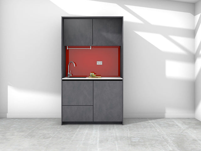 Marla - 1.2m Compact Wall Unit Kitchenette. Displayed with 'Slate' Cabinetry, 'Style White' Benchtop, and 'Stiletto' Splashback
