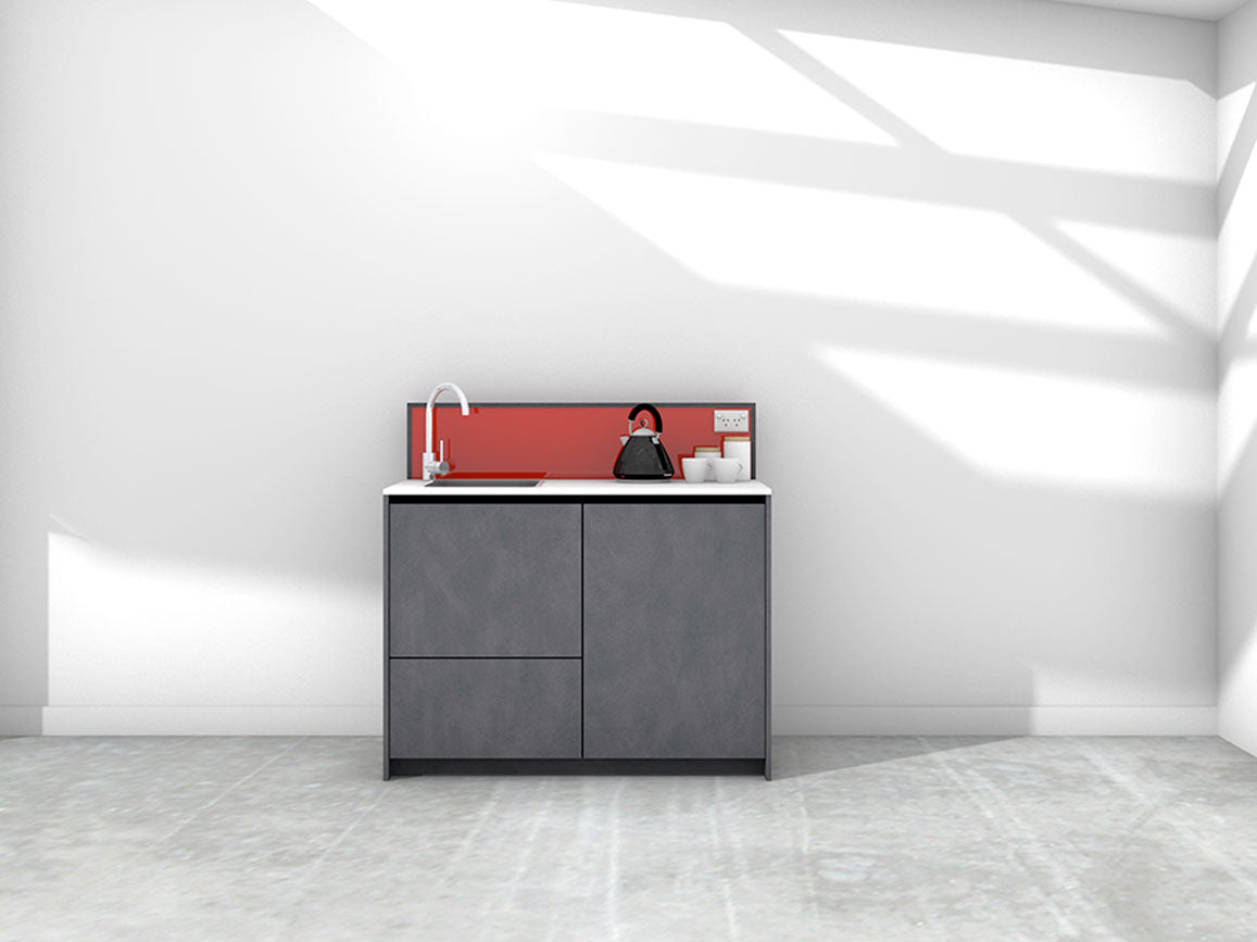 Quinn - 1.2m Compact Counter Unit Kitchenette. Displayed with 'Slate' Cabinetry, 'Style White' Benchtop, and 'Stiletto' Splashback
