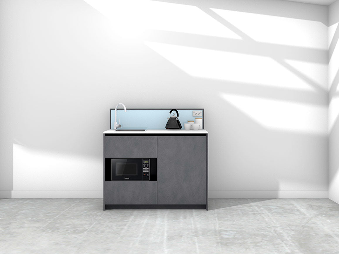 Eve - 1.2m Compact Counter Unit Kitchenette. Displayed with 'Slate' Cabinetry, 'Style White' Benchtop, and 'Cascade' Splashback