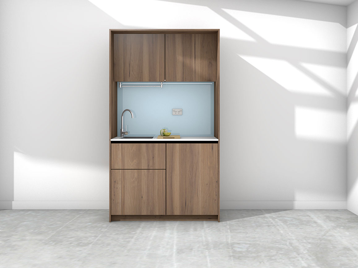 Sadie - 1.2m Compact Wall Unit Kitchenette. Displayed with 'Hickory Walnut' Cabinetry, 'Style White' Benchtop, and 'Cascade' Splashback