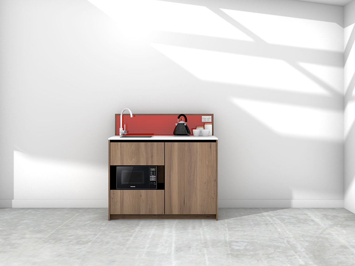 Eve - 1.2m Compact Counter Unit Kitchenette. Displayed with 'Hickory Walnut' Cabinetry, 'Style White' Benchtop, and 'Stiletto' Splashback
