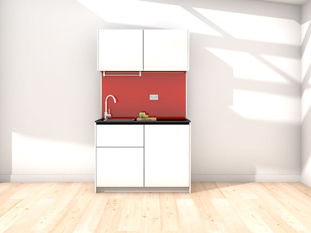 Erica - 1.2m Compact Wall Unit Kitchenette. Displayed with 'White' Cabinetry, 'Black' Benchtop, and 'Stiletto' Splashback