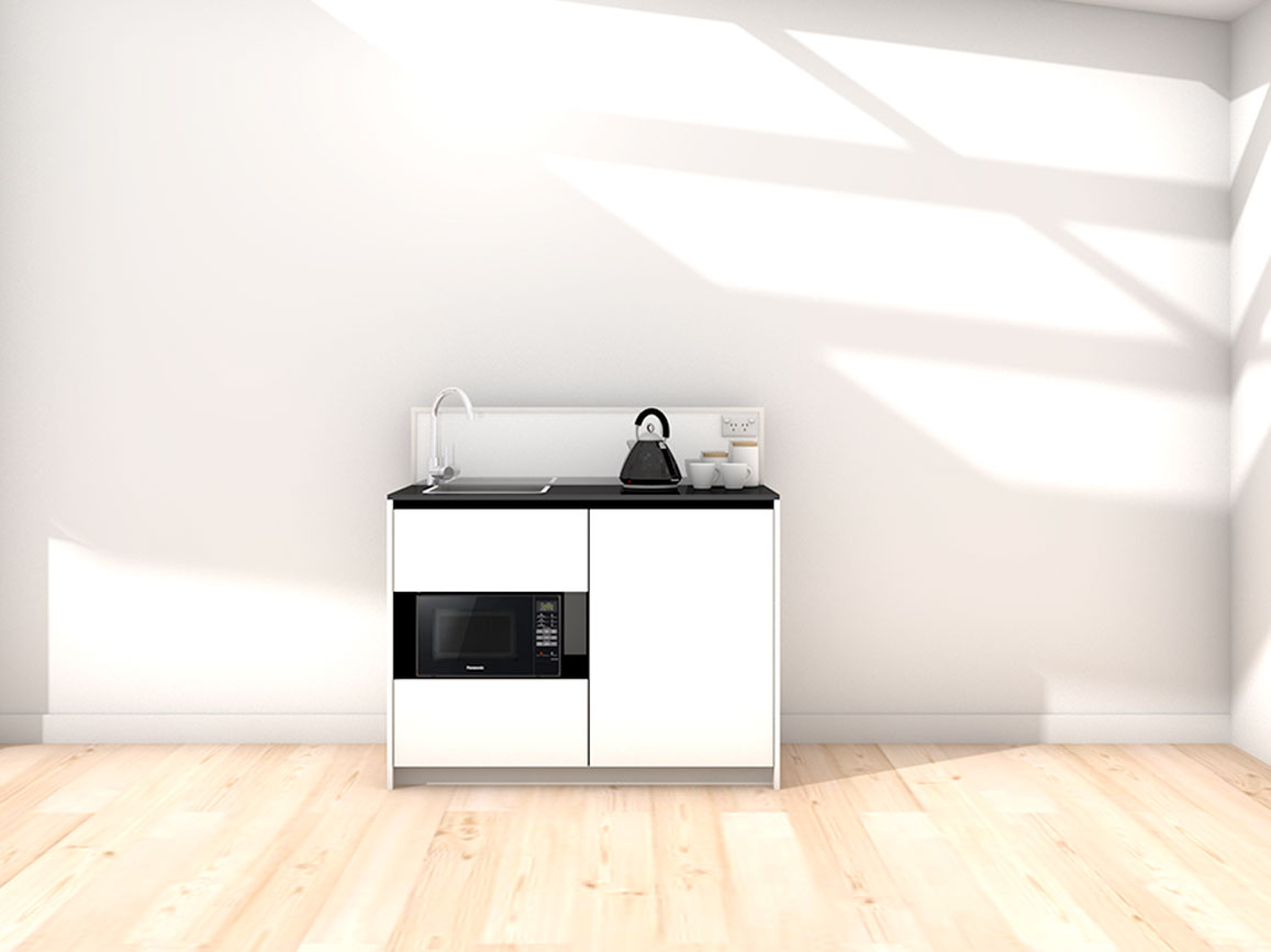 Eve - 1.2m Compact Counter Unit Kitchenette. Displayed with 'White' Cabinetry, 'Black' Benchtop, and 'Platinum' Splashback