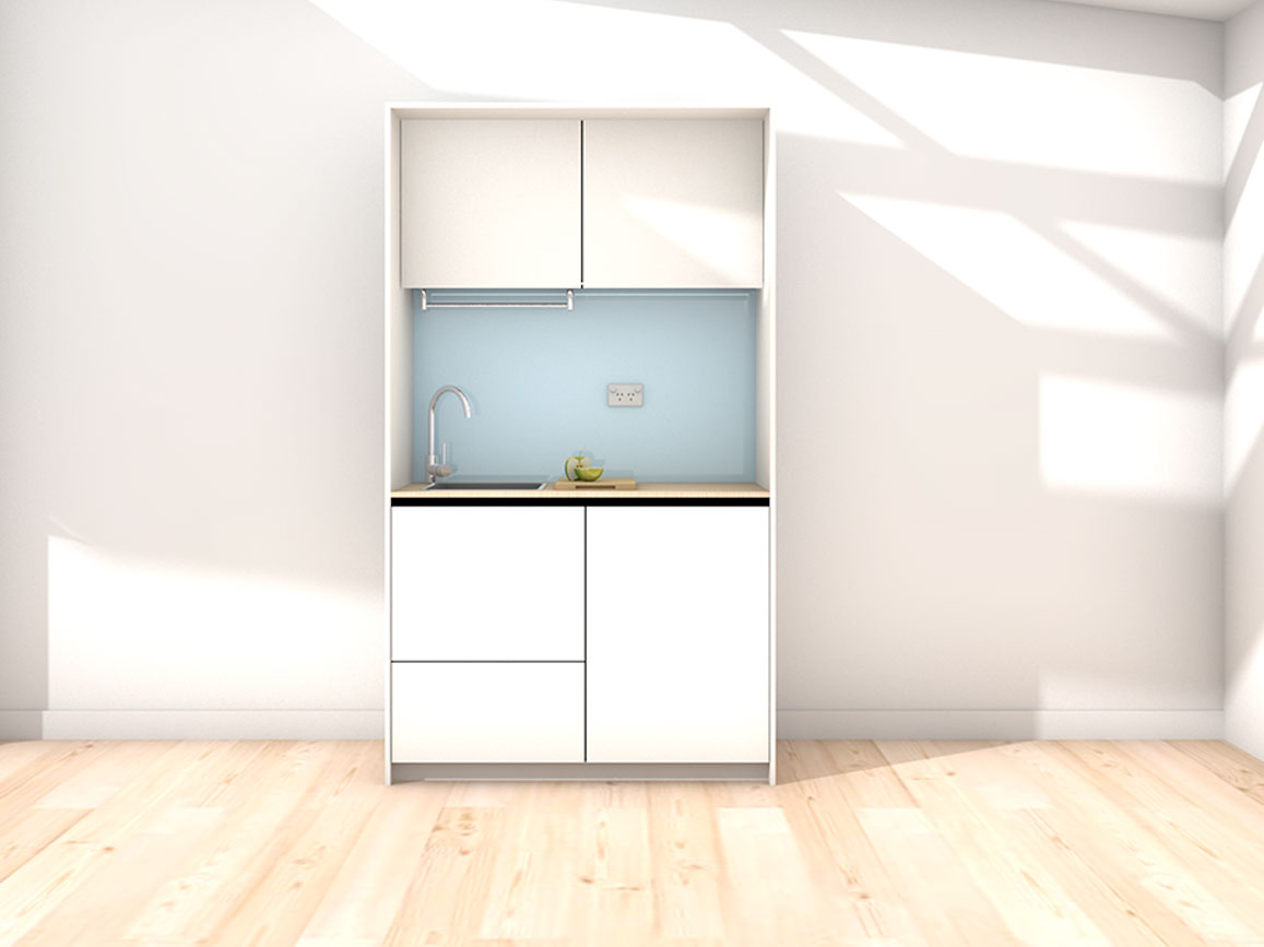 Marla - 1.2m Compact Wall Unit Kitchenette. Displayed with 'White' Cabinetry, 'Oak' Benchtop, and 'Cascade' Splashback
