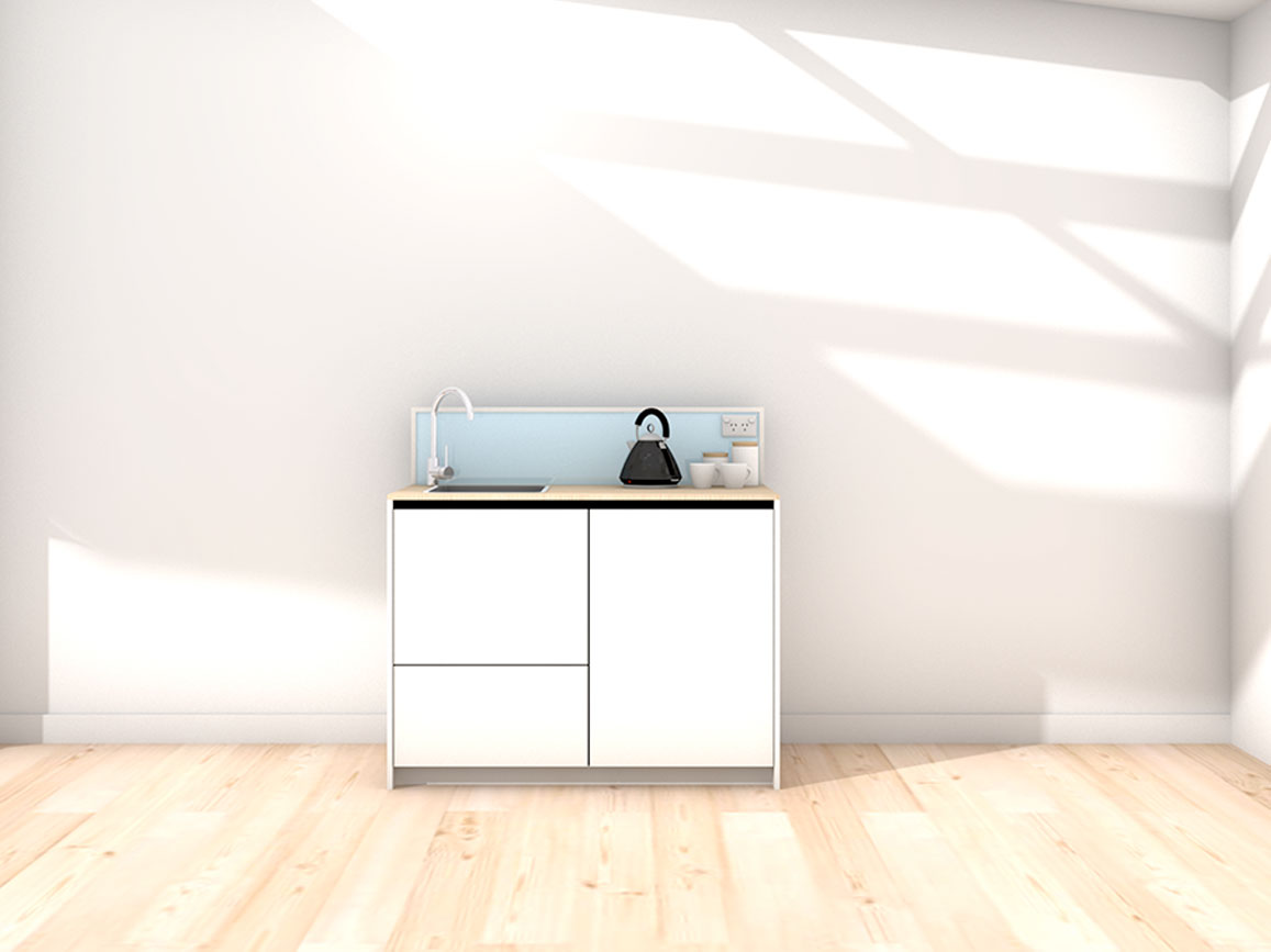 Quinn - 1.2m Compact Counter Unit Kitchenette. Displayed with 'White' Cabinetry, 'Oak' Benchtop, and 'Cascade' Splashback