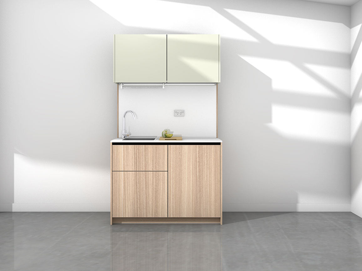 Erica - 1.2m Compact Wall Unit Kitchenette. Displayed with 'Pistachio and Simply Eucalyptus' Cabinetry, 'Style White' Benchtop, and 'Sheer Bliss White' Splashback
