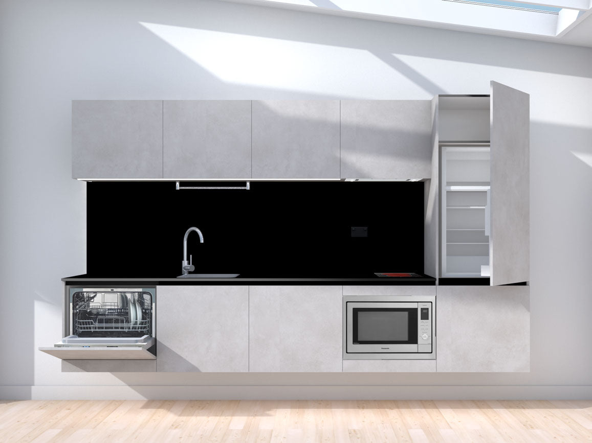 Elevate - 3.0m Floating Prefabricated Kitchenette - grey and black - with appliances