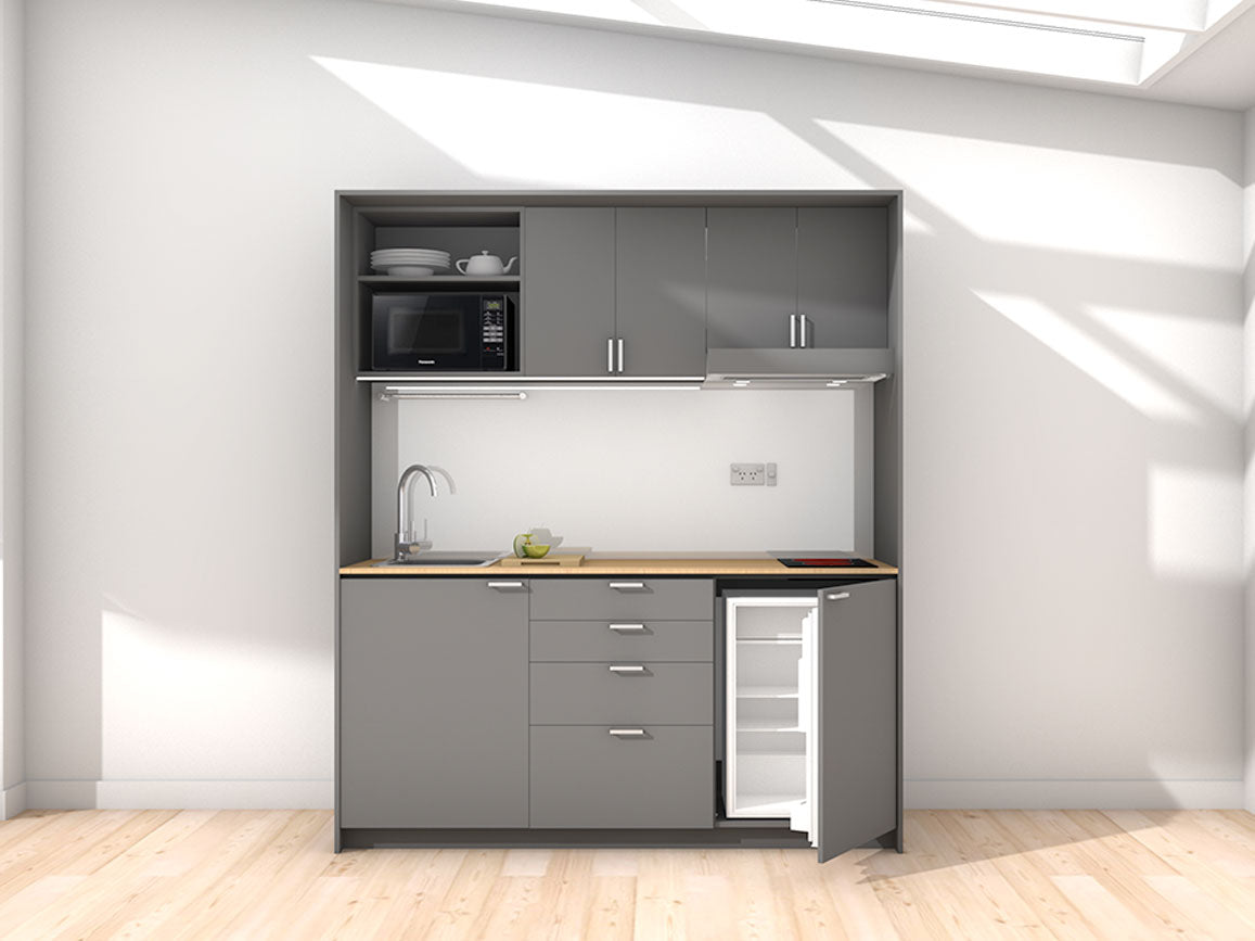 Kyoto - 1.8m Regular Wall Unit Kitchenette. Displayed with 'Anthracite' Cabinetry, 'Premium Oak' Benchtop, and 'Platinum Metallic' Splashback