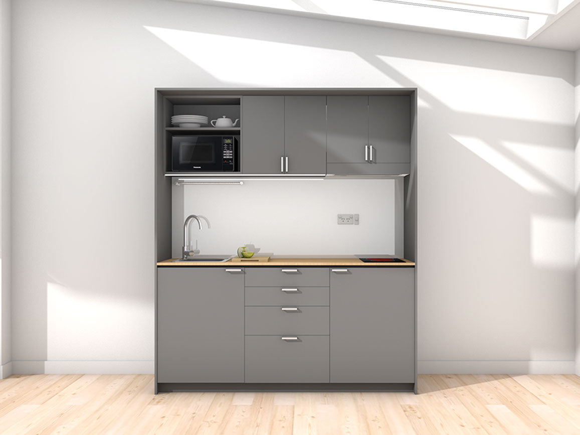 Kyoto - 1.8m Regular Wall Unit Kitchenette. Displayed with 'Anthracite' Cabinetry, 'Premium Oak' Benchtop, and 'Platinum Metallic' Splashback