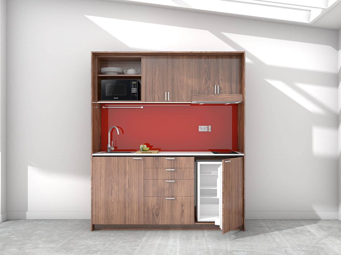 Kyoto - 1.8m Regular Wall Unit Kitchenette. Displayed with 'Hickory Walnut' Cabinetry, 'Style White' Benchtop, and 'Stiletto' Splashback