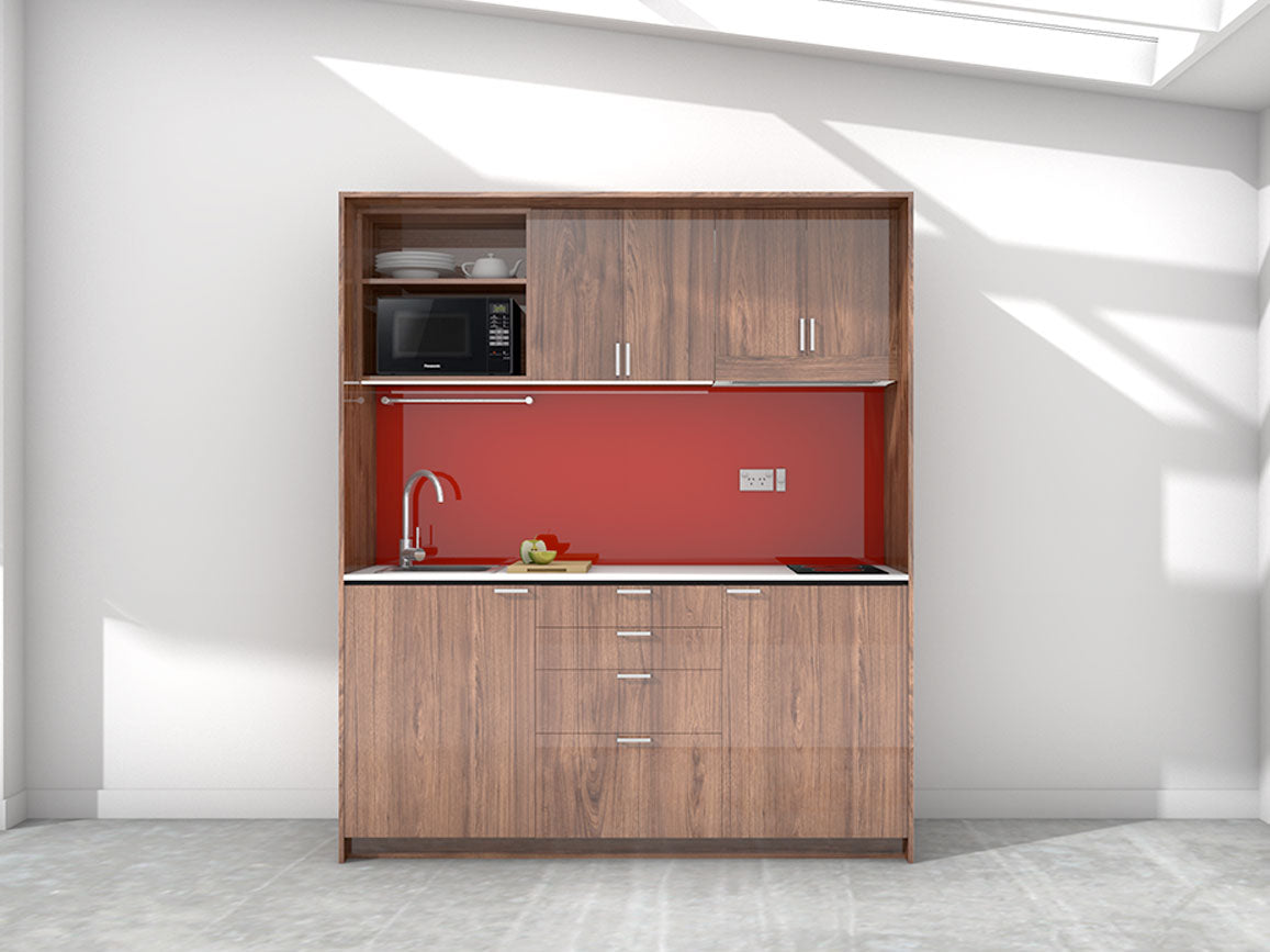 Kyoto - 1.8m Regular Wall Unit Kitchenette. Displayed with 'Hickory Walnut' Cabinetry, 'Style White' Benchtop, and 'Stiletto' Splashback