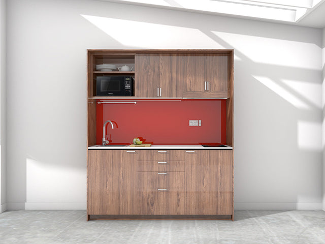 Kyoto - 1.8m Regular Wall Unit Kitchenette. Displayed with 'Hickory Walnut' Cabinetry, 'Style White' Benchtop, and 'Stiletto' Splashback