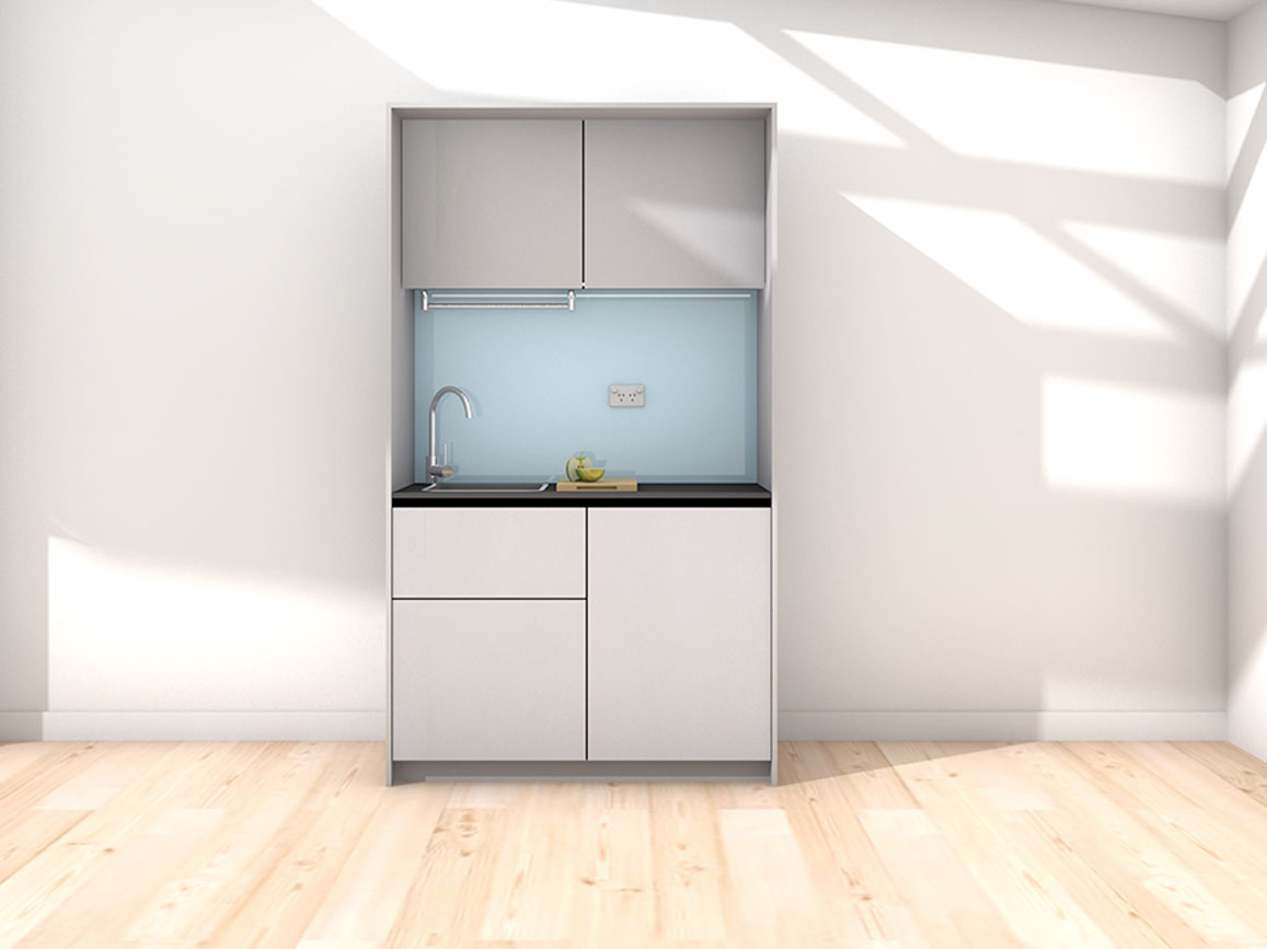 Sadie - 1.2m Compact Wall Unit Kitchenette. Displayed with 'Lite Aluminium' Cabinetry, 'Black' Benchtop, and 'Cascade' Splashback