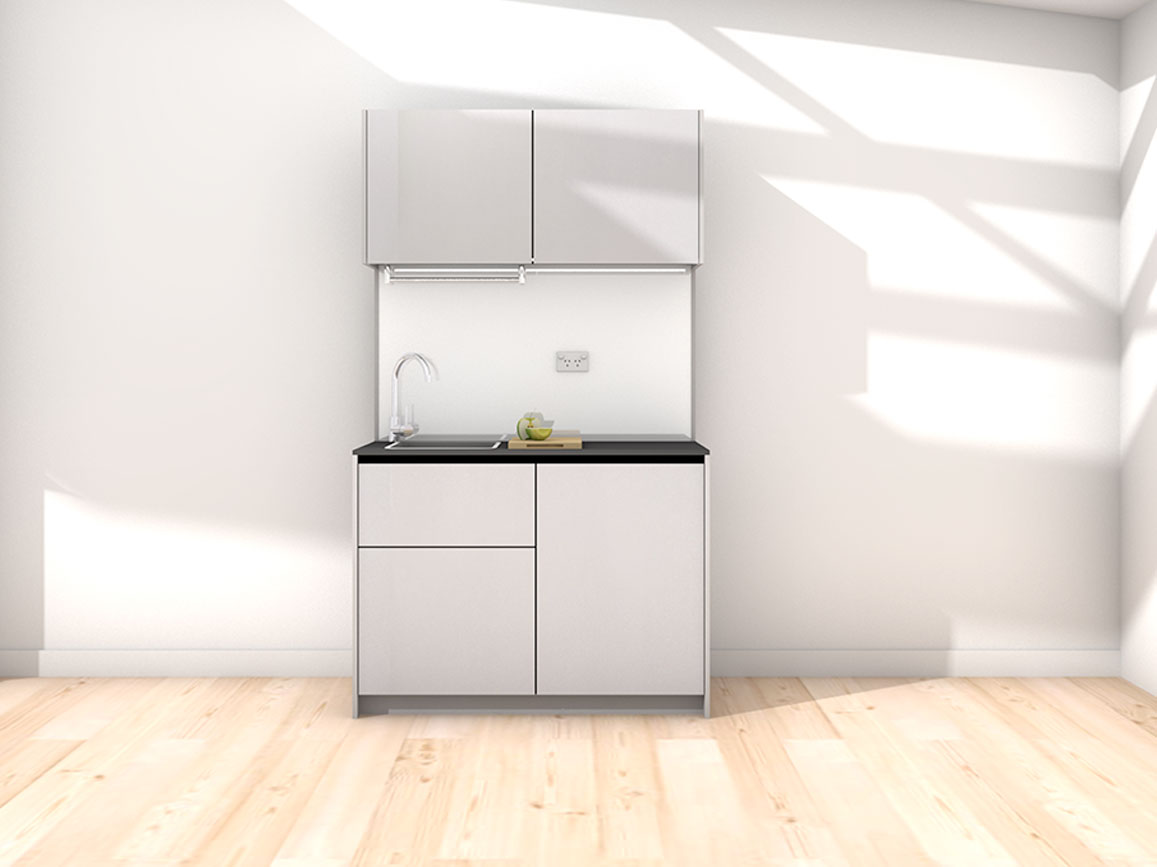 Erica - 1.2m Compact Wall Unit Kitchenette. Displayed with 'Lite Aluminium' Cabinetry, 'Black' Benchtop, and 'Sheer Bliss White' Splashback