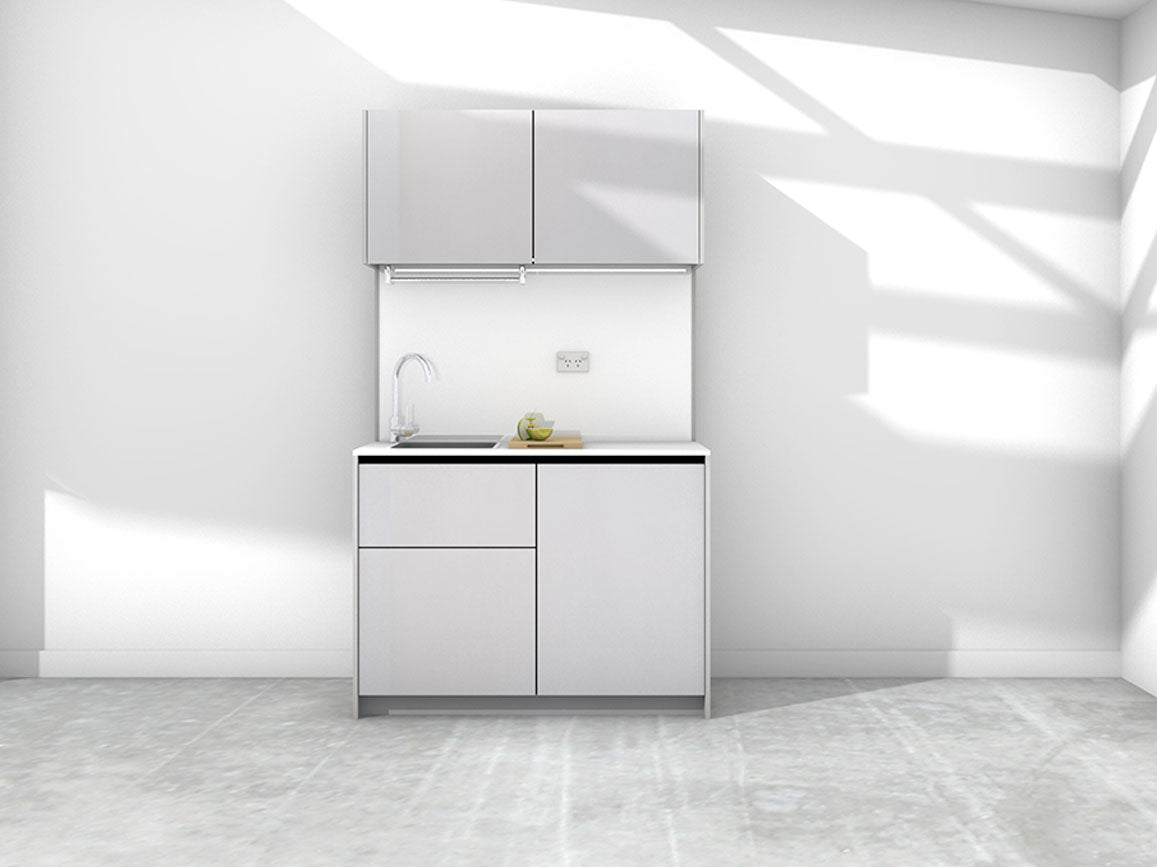 Erica - 1.2m Compact Wall Unit Kitchenette. Displayed with 'Lite Aluminium' Cabinetry, 'Style White' Benchtop, and 'Sheer Bliss White' Splashback