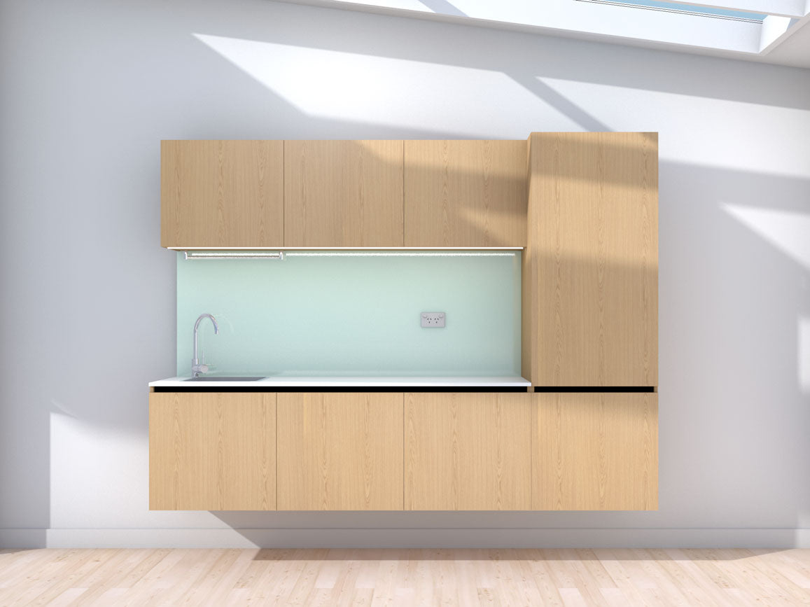 Levitate- 2.4m Floating Prefabricated Kitchenette - oak and mint - no appliances