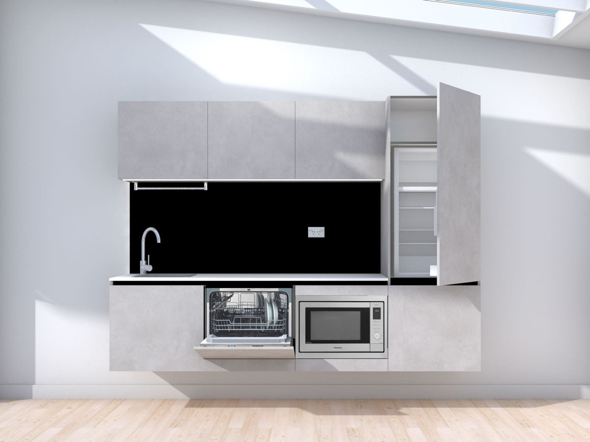 Levitate- 2.4m Floating Prefabricated Kitchenette - grey and black - with appliances