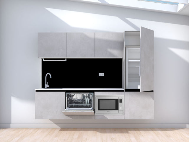 Levitate- 2.4m Floating Prefabricated Kitchenette - grey and black - with appliances