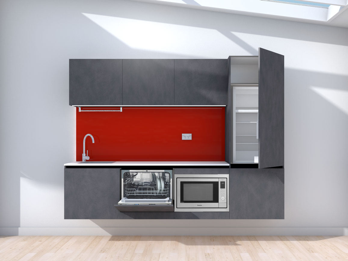 Levitate- 2.4m Floating Prefabricated Kitchenette - slate and red - with appliances