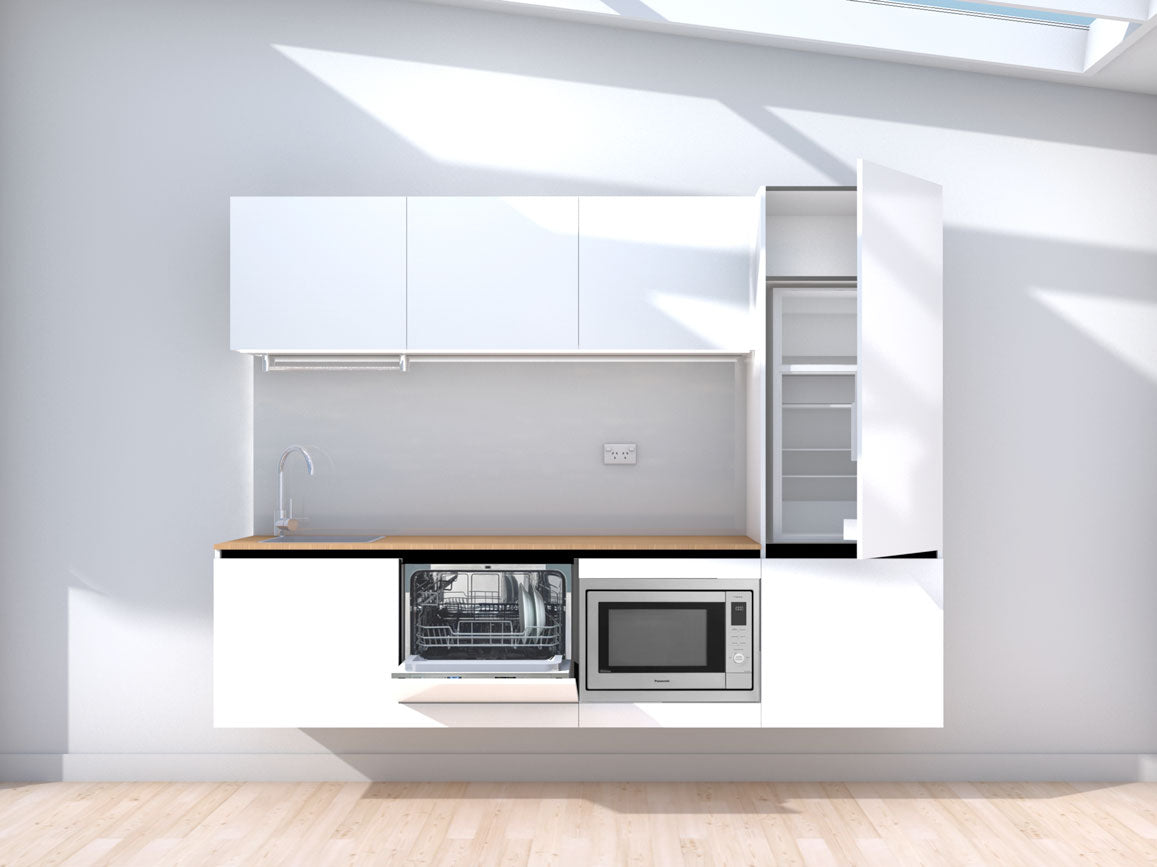 Levitate- 2.4m Floating Prefabricated Kitchenette - white and grey - with appliances