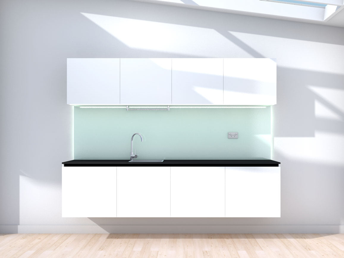 Liftoff - 2.4m Floating Prefabricated Kitchenette - white and mint - no appliances