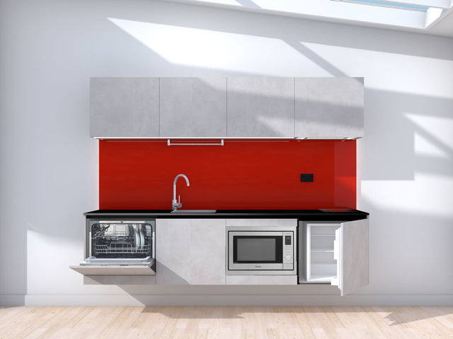 Liftoff - 2.4m Floating Prefabricated Kitchenette - grey and red - with appliances
