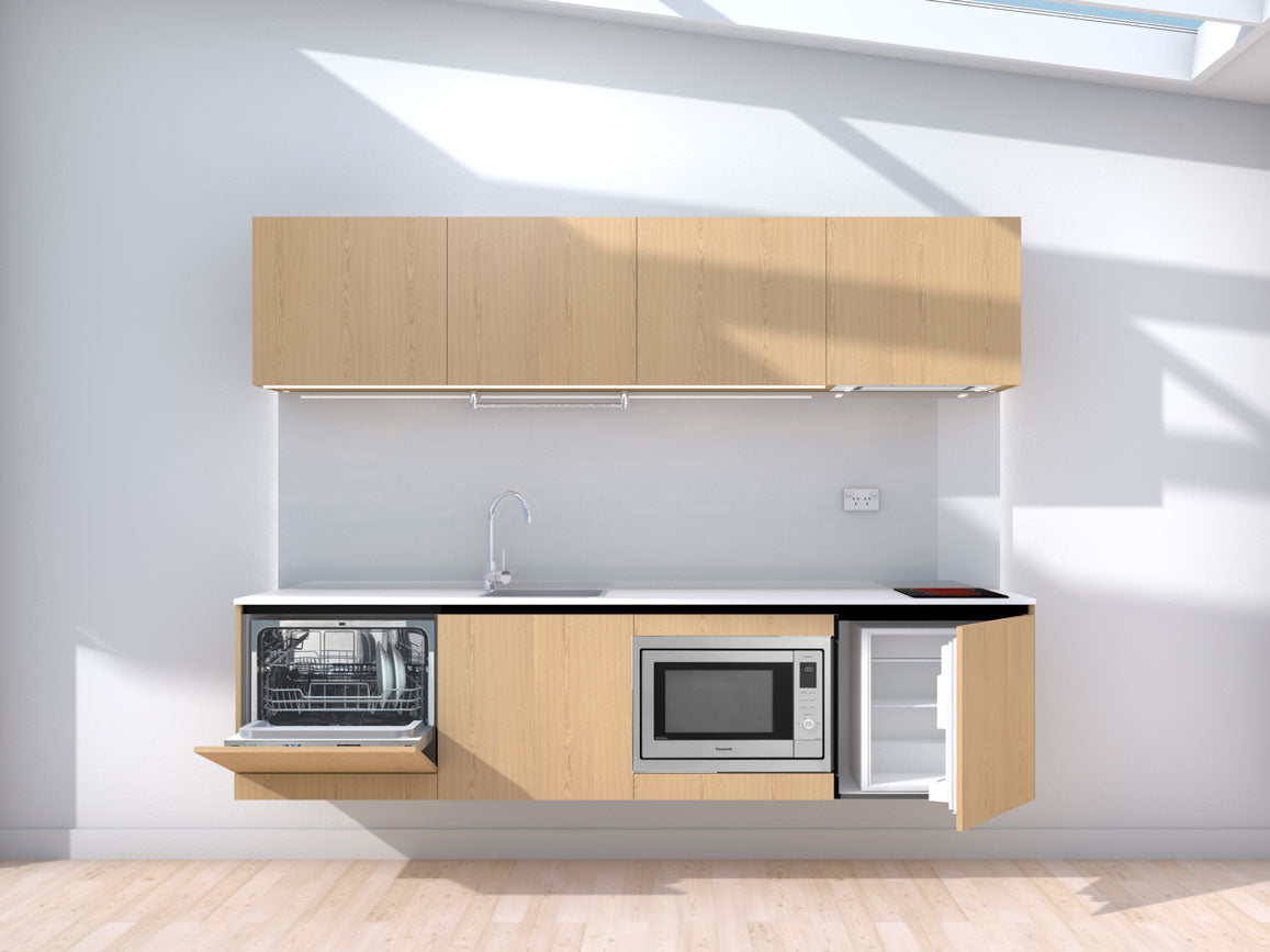 Liftoff - 2.4m Floating Prefabricated Kitchenette - oak and grey - with appliances