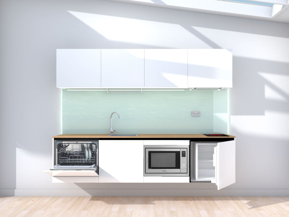 Liftoff - 2.4m Floating Prefabricated Kitchenette - white and mint - with appliances