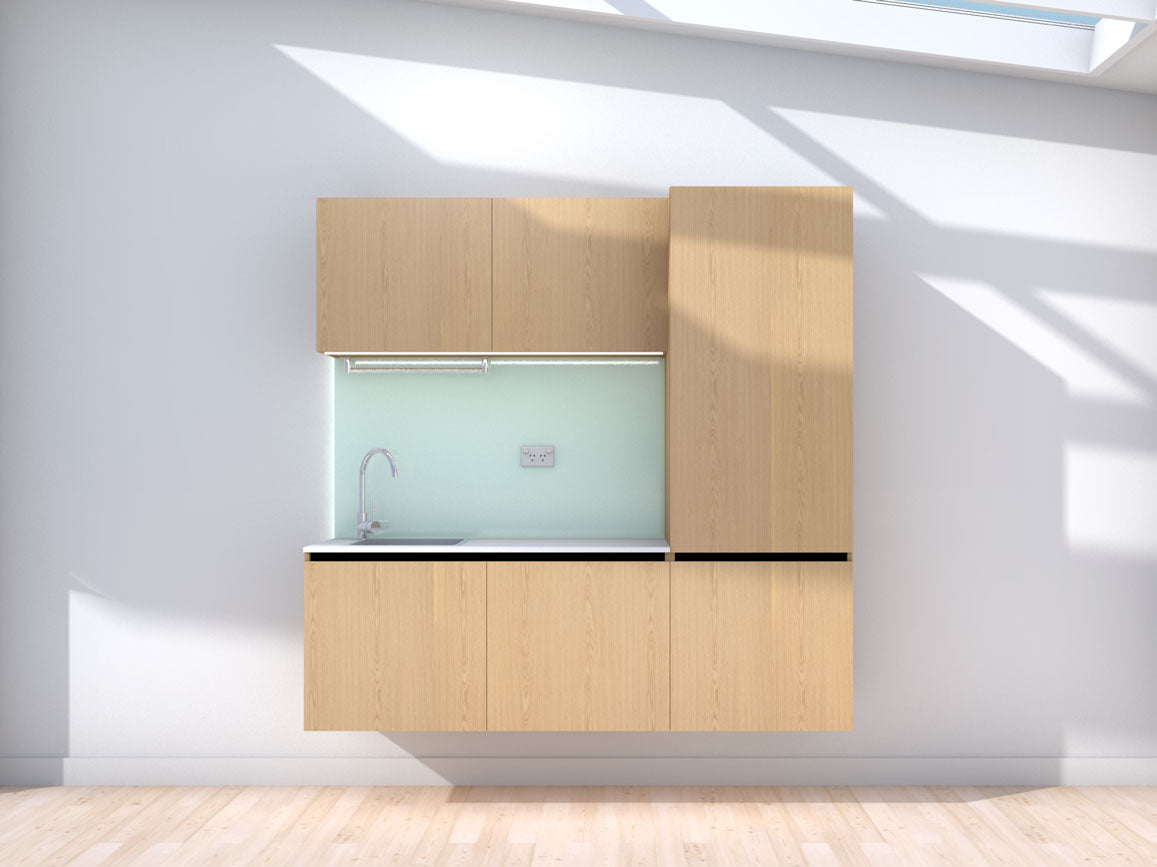 Lunar - 1.8m Floating Prefabricated Kitchenette - oak and mint - no appliances
