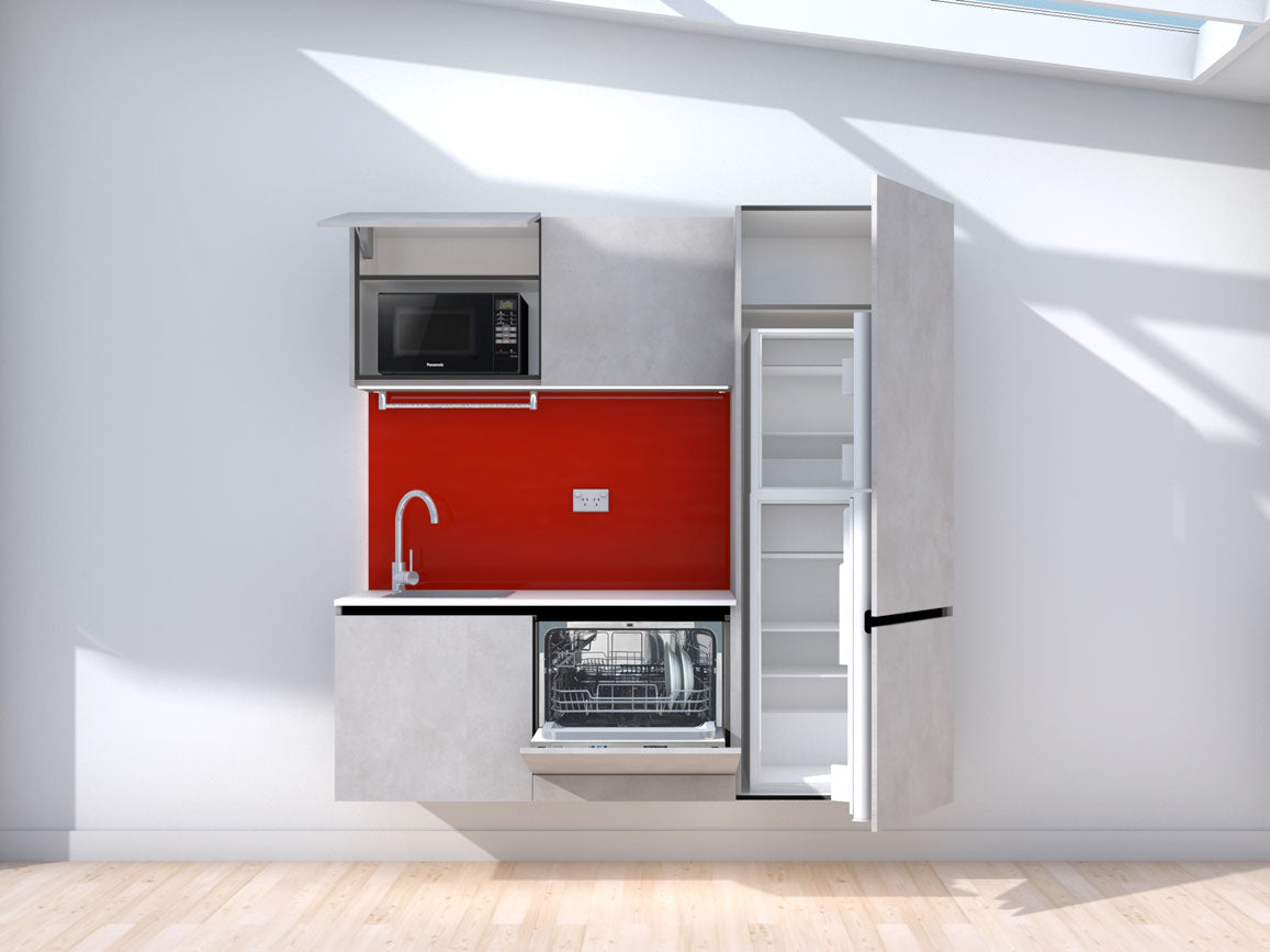 Lunar - 1.8m Floating Prefabricated Kitchenette - grey and red - with appliances