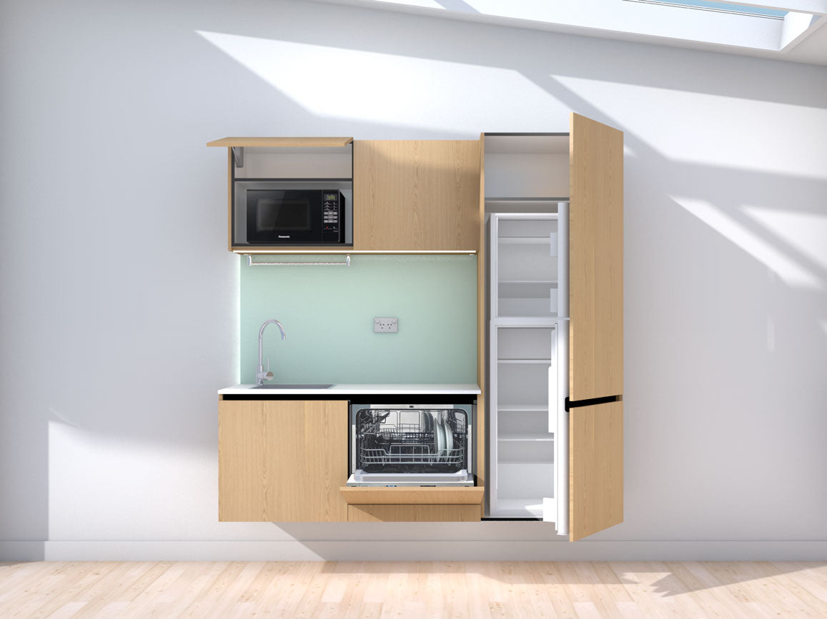 Lunar - 1.8m Floating Prefabricated Kitchenette - oak and mint - with appliances
