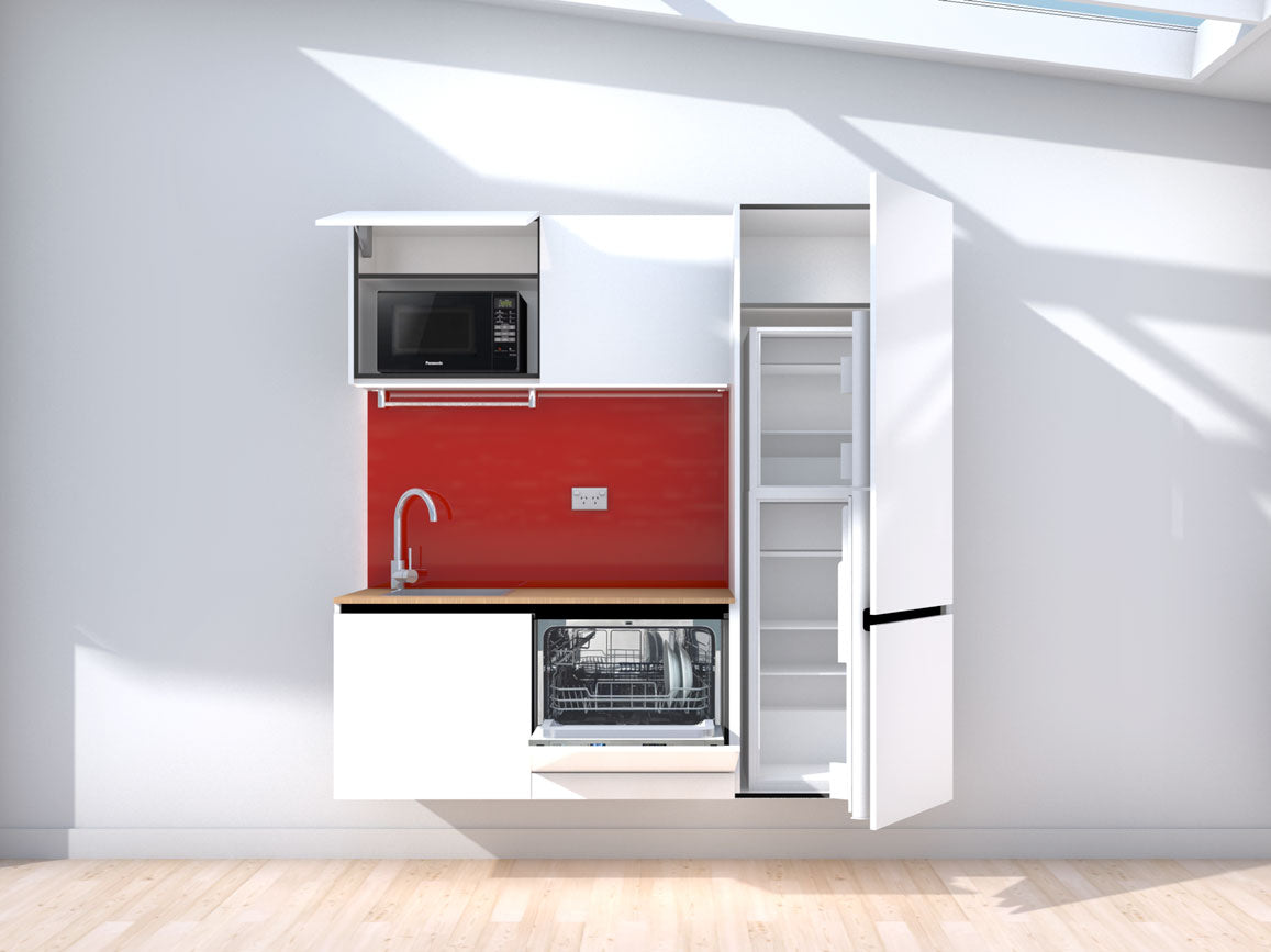 Lunar - 1.8m Floating Prefabricated Kitchenette - white and red - with appliances