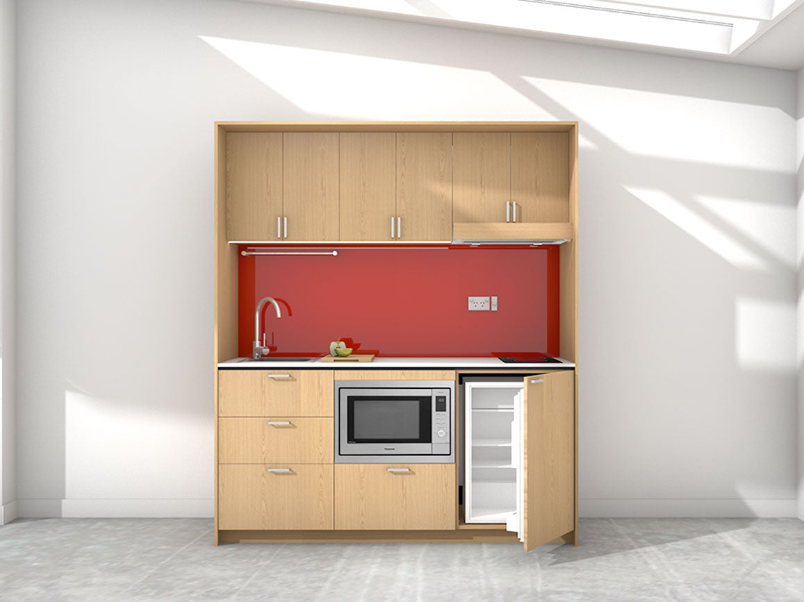 Majorca - 1.8m Regular Wall Unit Kitchenette. Displayed with 'Premium Oak' Cabinetry, 'Style White' Benchtop, and 'Stiletto' Splashback