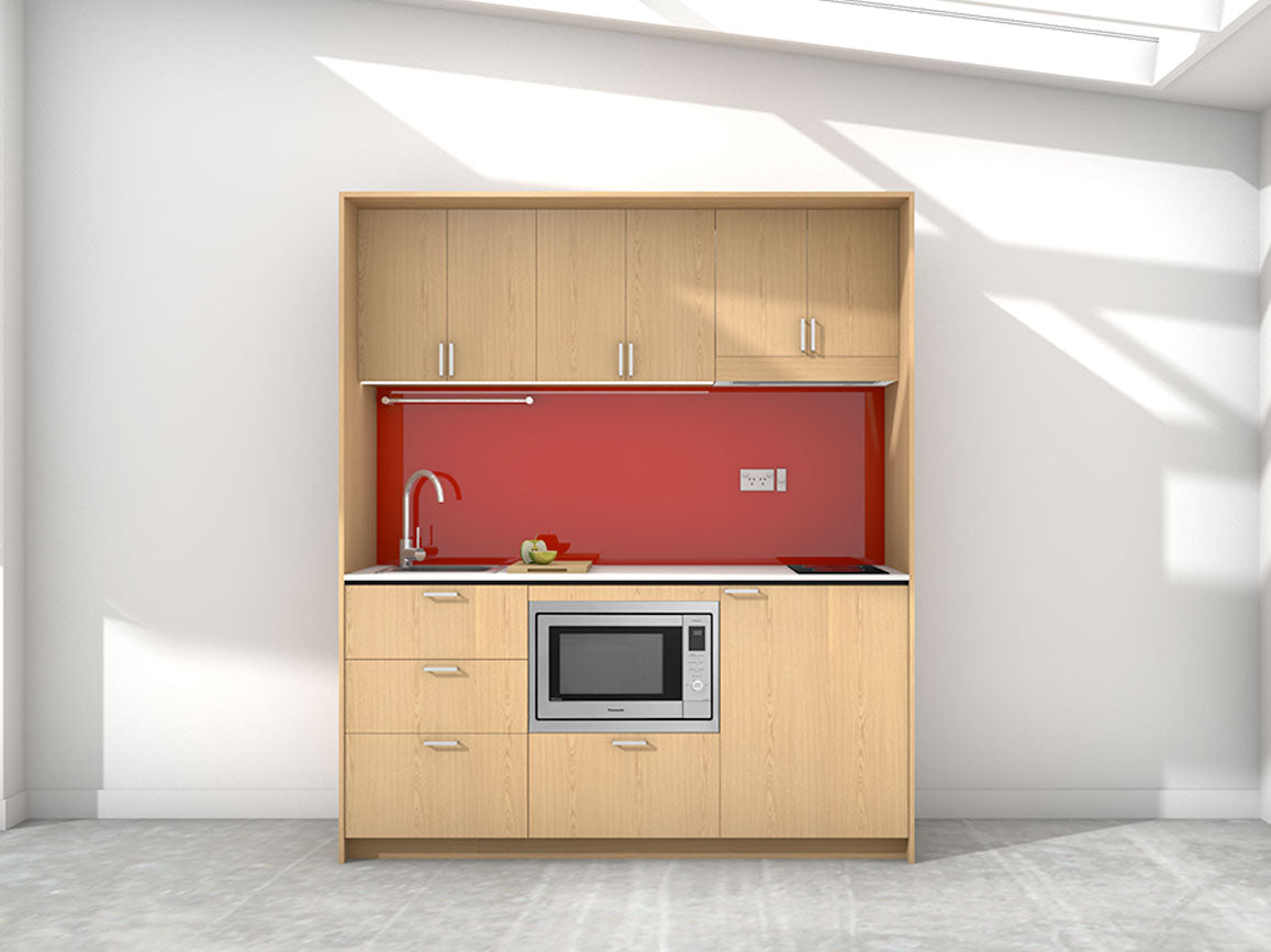 Majorca - 1.8m Regular Wall Unit Kitchenette. Displayed with 'Premium Oak' Cabinetry, 'Style White' Benchtop, and 'Stiletto' Splashback