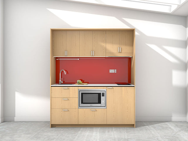 Majorca - 1.8m Regular Wall Unit Kitchenette. Displayed with 'Premium Oak' Cabinetry, 'Style White' Benchtop, and 'Stiletto' Splashback