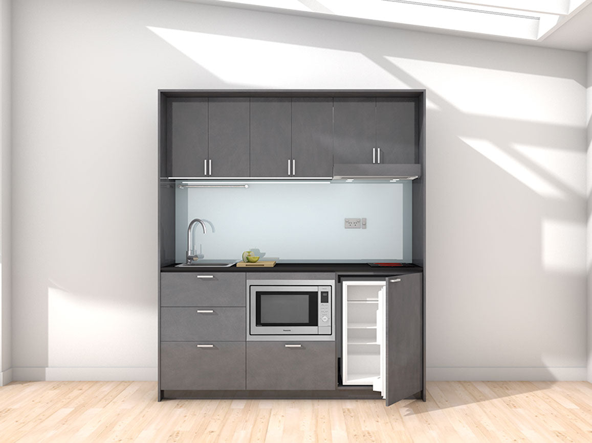 Majorca - 1.8m Regular Wall Unit Kitchenette. Displayed with 'Slate' Cabinetry, 'Black' Benchtop, and 'Cascade' Splashback