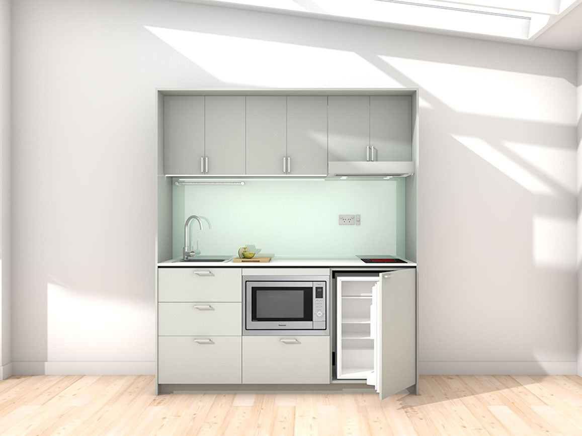 Majorca - 1.8m Regular Wall Unit Kitchenette. Displayed with 'Triple Duck Egg' Cabinetry, 'Style White' Benchtop, and 'Mint' Splashback