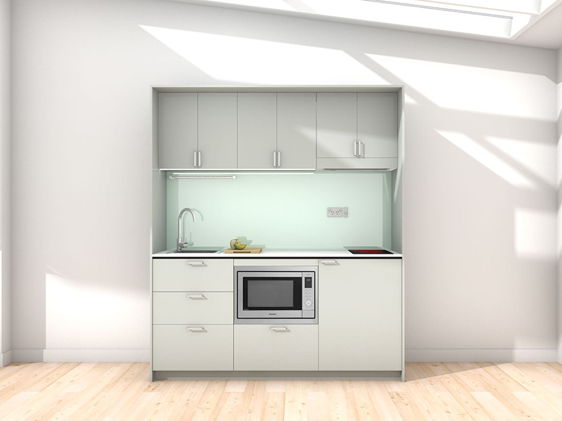 Majorca - 1.8m Regular Wall Unit Kitchenette. Displayed with 'Triple Duck Egg' Cabinetry, 'Style White' Benchtop, and 'Mint' Splashback